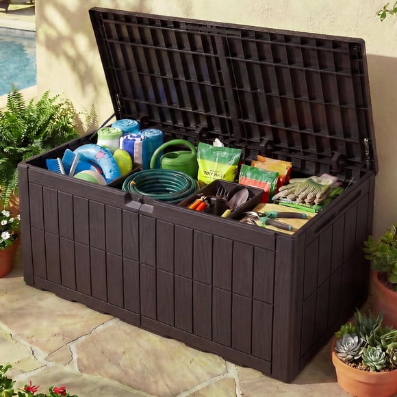 Dextrus 110 Gallon Waterproof Resin Deck Box, Dark Brown Lockable Outdoor Storage Bin, Heavy-Duty 2-Person Bench Seating for Patio Cushions, Garden Tools, Pool Accessories & Outdoor Daily Essentials