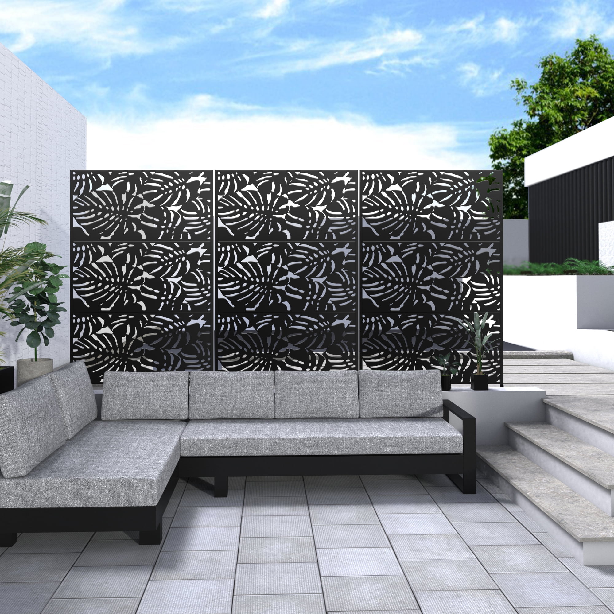 72"x47" Outdoor Privacy Screen with Stand Metal Balcony Decorative Screen,Black