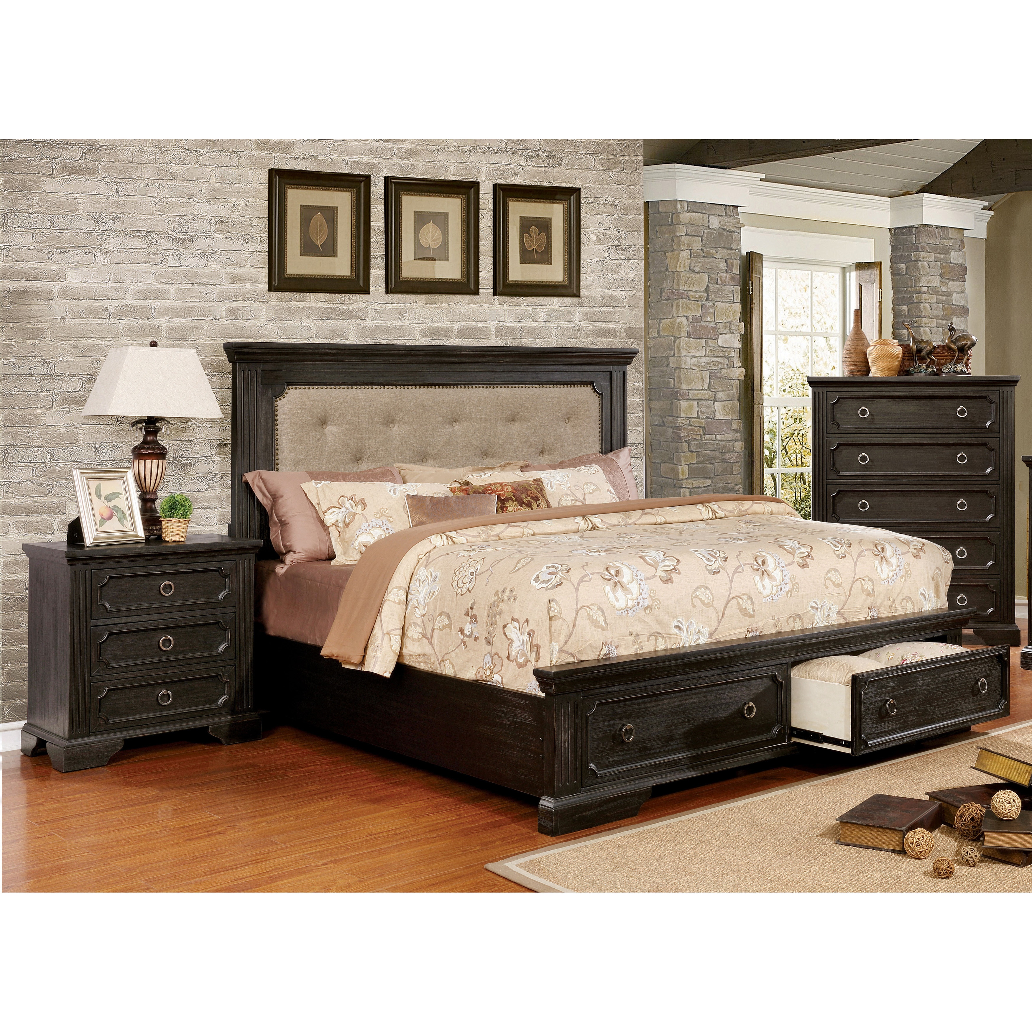 Furniture Of America Hollen Classic 2 Piece Wire Brushed Black Tufted Storage Platform Bed With Nightstand Set Walmart Com Walmart Com