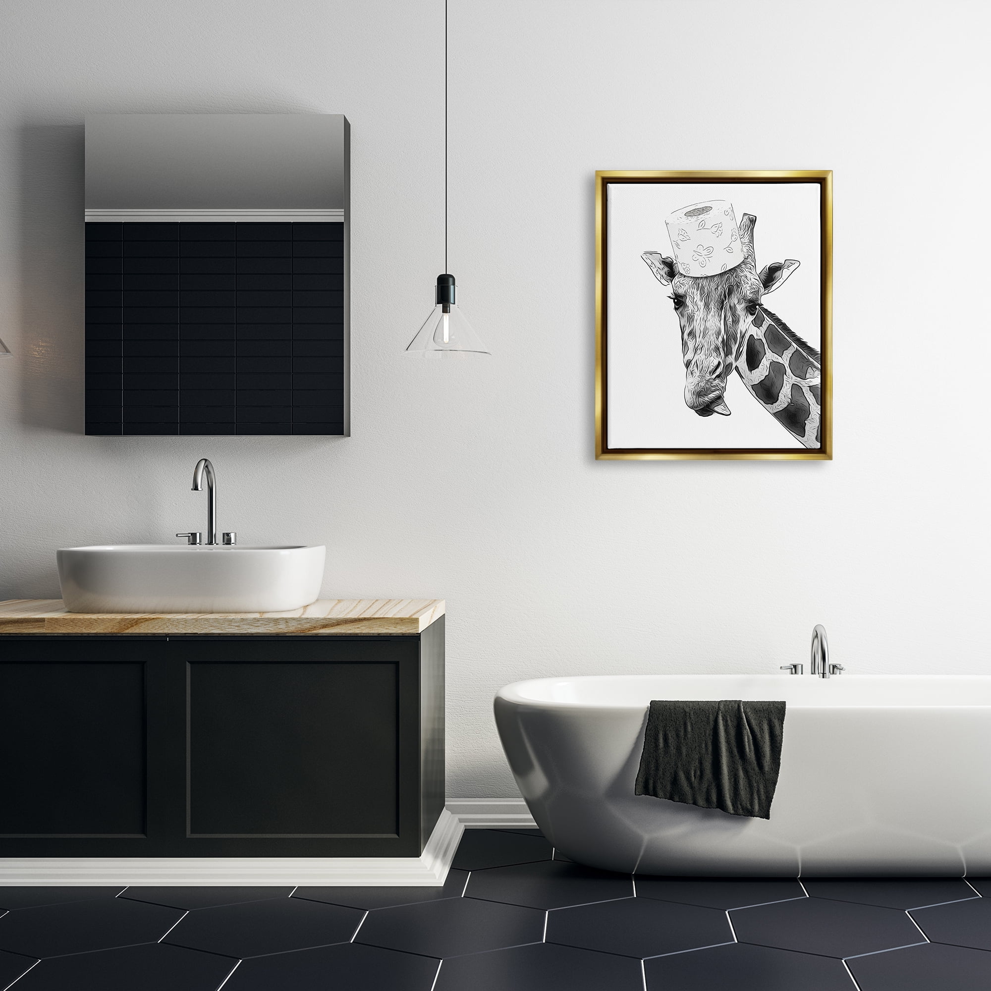 Stupell Industries Giraffe & Toilet Paper Bathroom Animals & Insects Painting Gold Floater Framed Art Print Wall Art