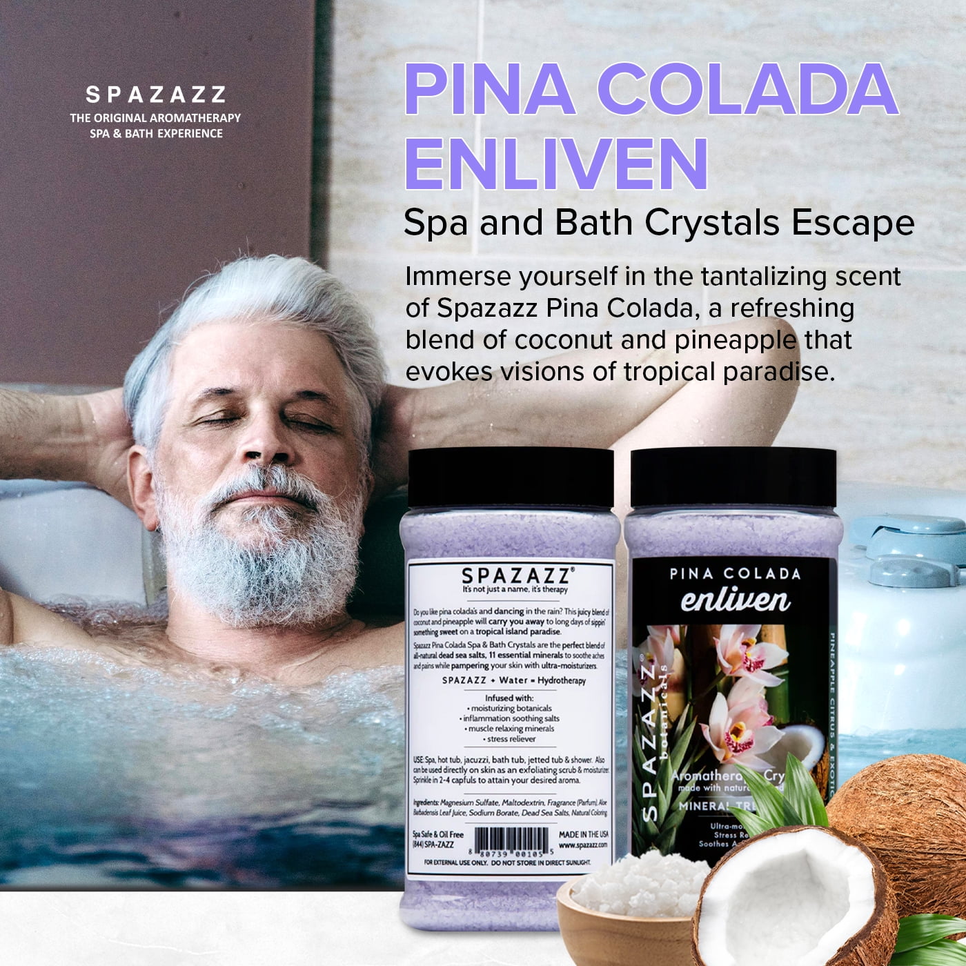 Spazazz Hot Tub Aromatherapy Pina Colada Enliven 2 Pack - 17 oz Each. Crystals and Bath Salts for Hot Tub and Bathtub Spa - Aromatherapy Scented Salts for Relaxation!
