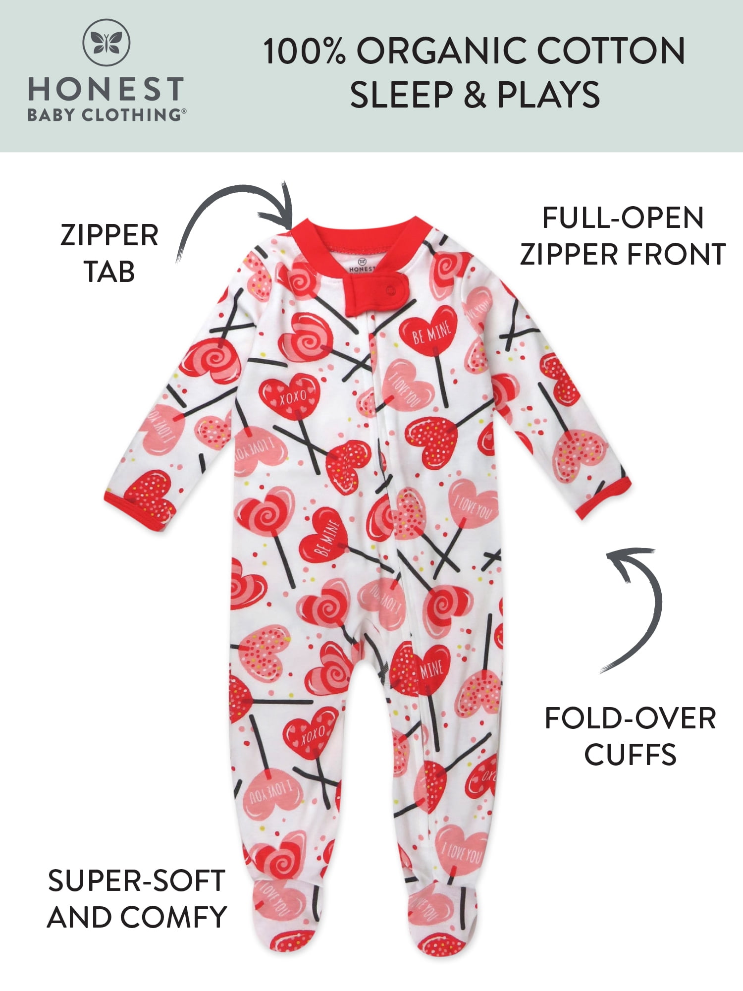 Honest Baby Clothing Organic Cotton Valentines Day Baby Boy/Girl Sleep N Play, Sizes Newborn-9 Months