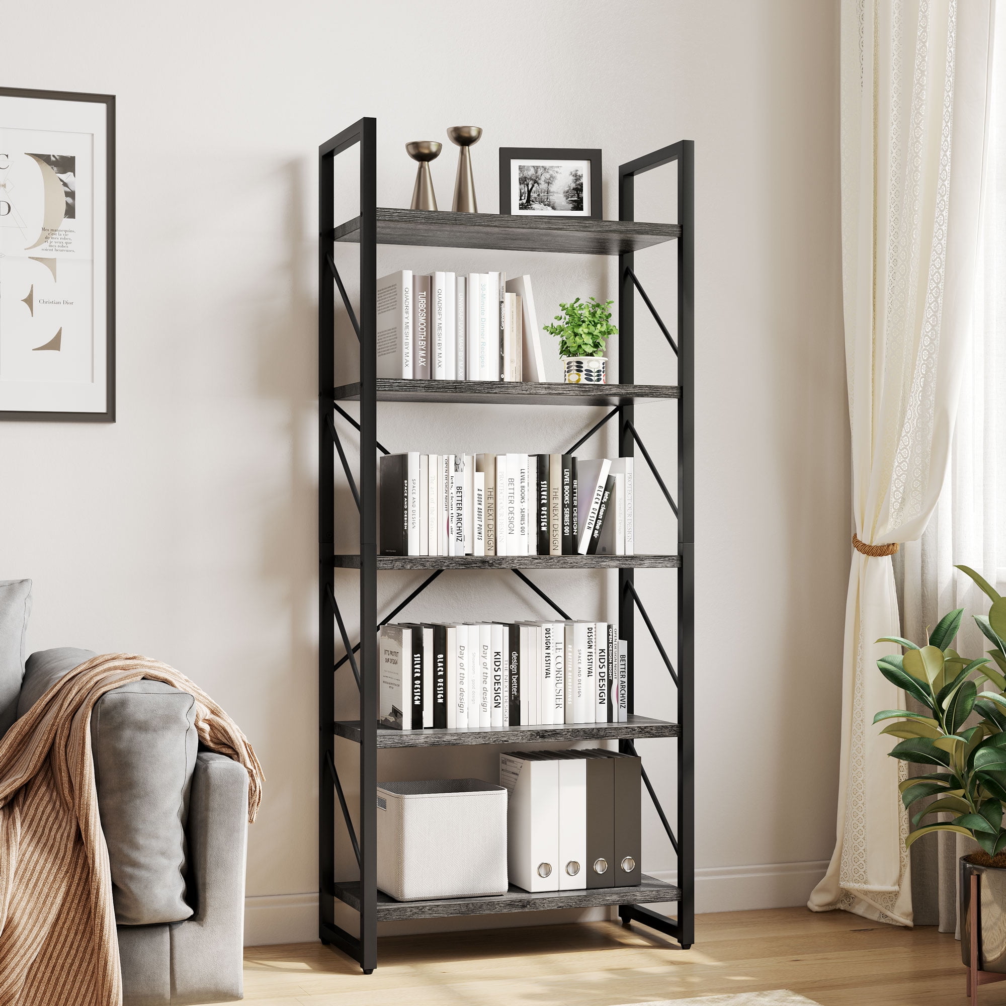 Dextrus 5-Tier Industrial Ladder Freestanding Bookcase with Open Storage Shelves, Gray & Black