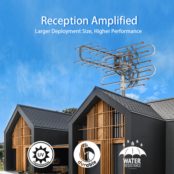 Leadzm TA-851B Open TV Antenna,350° Rotation UV Dual Frequency Antenna with 22-28dB Gain,Built-in Amplifier and Remote Control,45-860MHz for VHF/UHF Channels,39.37ft Wire Silver Gray