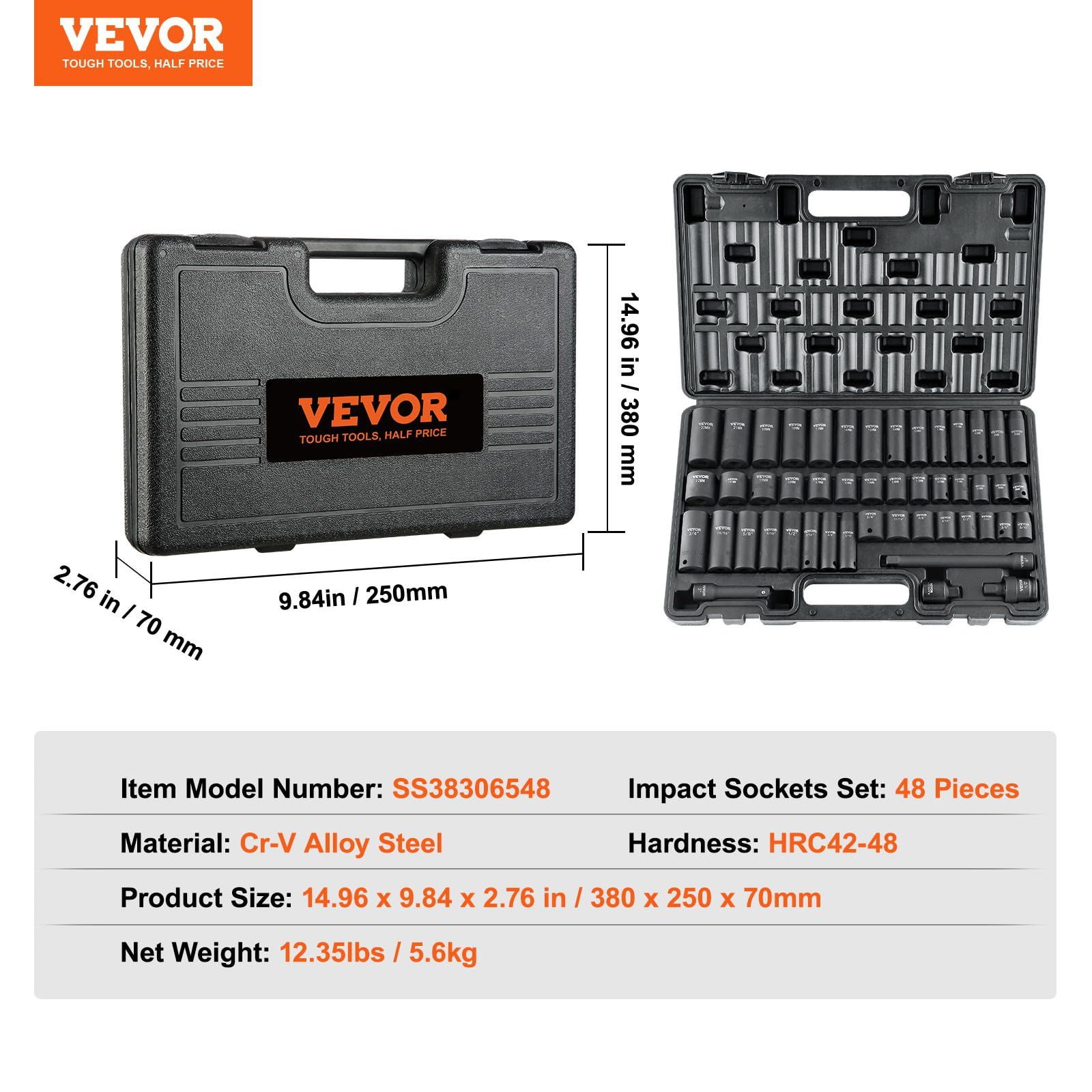48-Piece Impact Socket Set 3/8" Drive, 6-Point SAE (5/16"-3/4") & Metric (8mm-22mm) Sockets w/ Extender & Universal Joint, Heavy-Duty Case