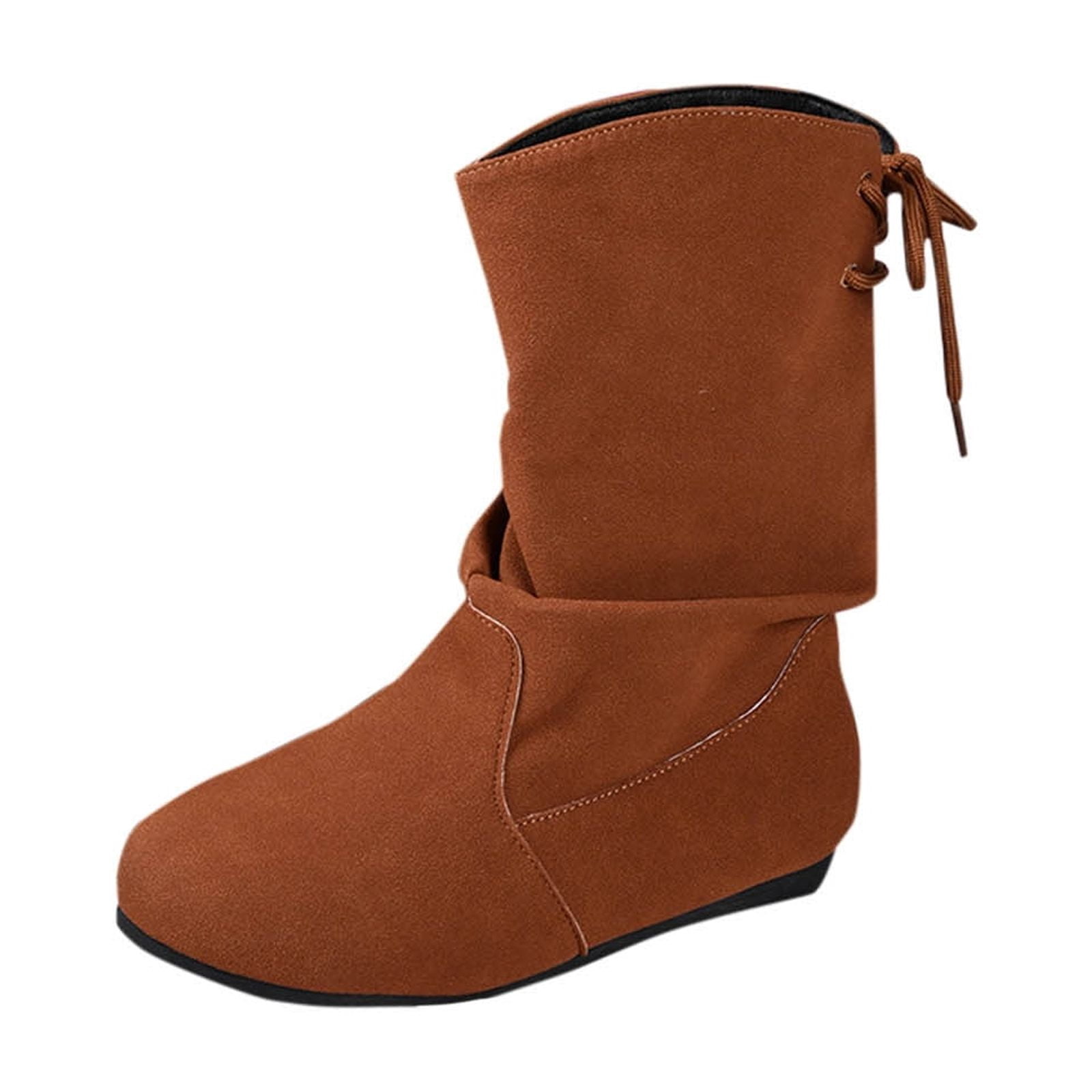 Miluxas Women Mid Calf Boots Wide Calf Slouch Ruched Suede Flats Low Heels Lace up Solid Color Booties Trendy Retro Comfort Non Slip Walking Riding Hiking Shoes Brown 5.5(36)