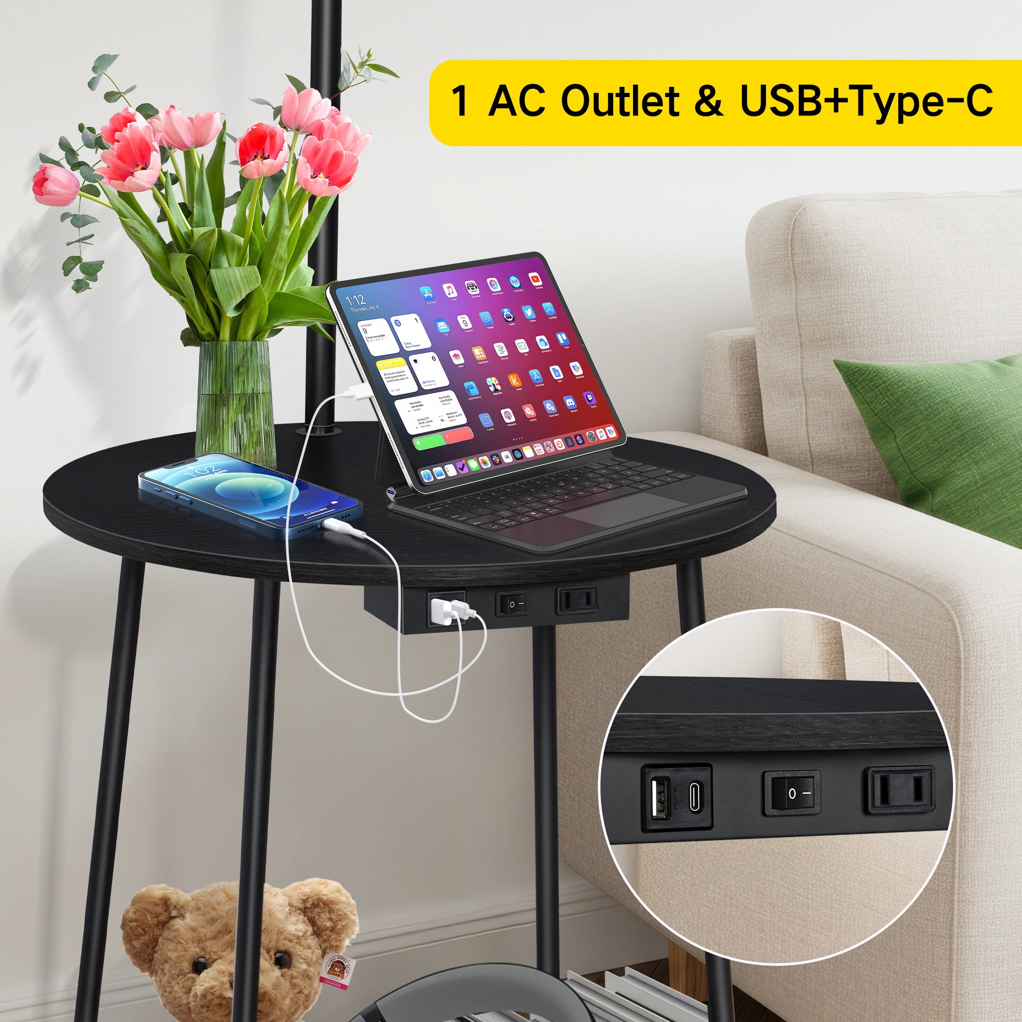 OUTON Floor Lamp with Table, End Table with Lamp for Living Room with USB & Type C Charging Port, Dimmable Lamps for Nightstand Attached for Bedroom, Black