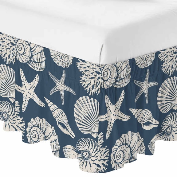 Queen Bed Skirt 16 Inch Drop, Abstract Starfish Conch Shell Easy Fit Wrap Around Ruffle Bedding, Farmhouse Dark Blue Bed Skirts with Adjustable Elastic Belt