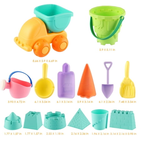 14PCS Kids Beach Toys Toddlers Beach Sand Toy Set with Bucket Castle Molds and Mesh Bag Soft Plastic (Best Beach Cart For Soft Sand)
