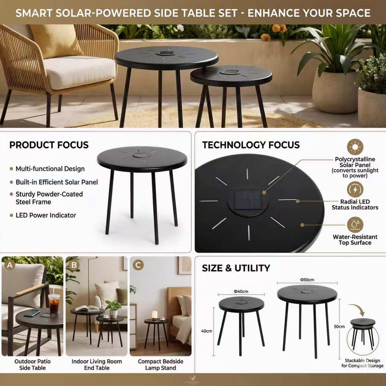 2-Pack Solar Powered Side Table with LED Light, Nesting Round End Table, Weatherproof Iron Accent Table for Indoor Outdoor Patio Garden Bedroom