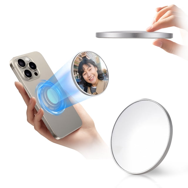 MagSafe Compatible Convex Selfie Mirror for Smartphone Rear Camera with Magnetic Ring, Protective Storage Case - Premium Metal & Acrylic Construction, Available in Silver and Black