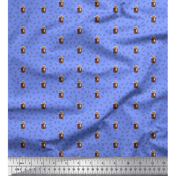 Soimoi Blue Poly Georgette Fabric Lines & Pickle Jar Kitchen Fabric Prints By Yard 42 Inch Wide