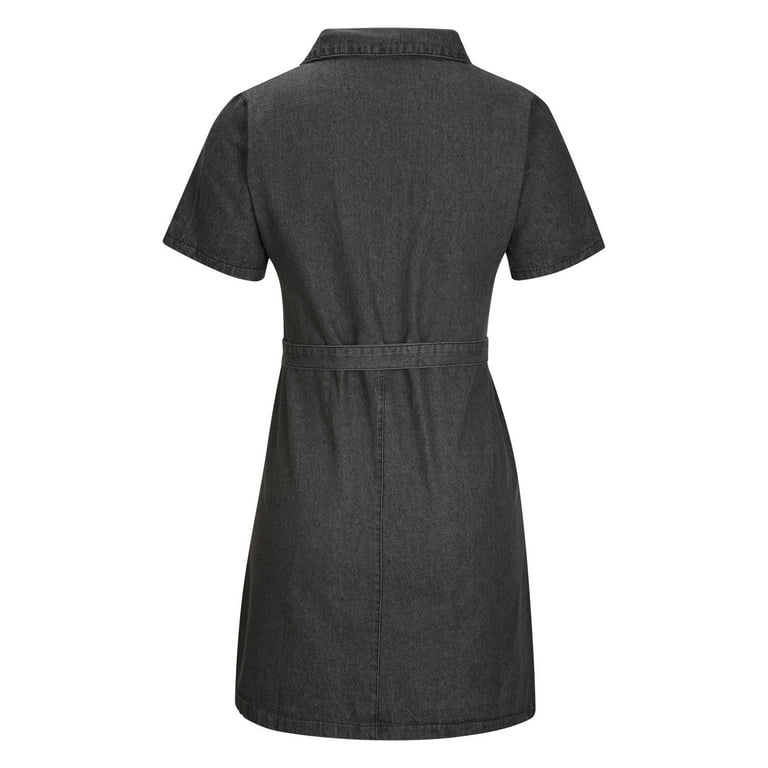 Bigersell Bridesmaid Dresses Women's Summer Fashion Lace Up Waist Short Sleeve Zipper Pocket Slim Denim Dress Girls Dresses Women's Plus Faux-Wrap