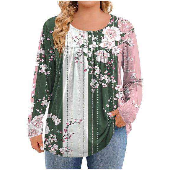 Women's Plus Size Pleated Henley Blouse - V-Neck Long Sleeve Loose Tunic Top, Soft Stretch Business Casual Dressy Blouse (L-5XL)