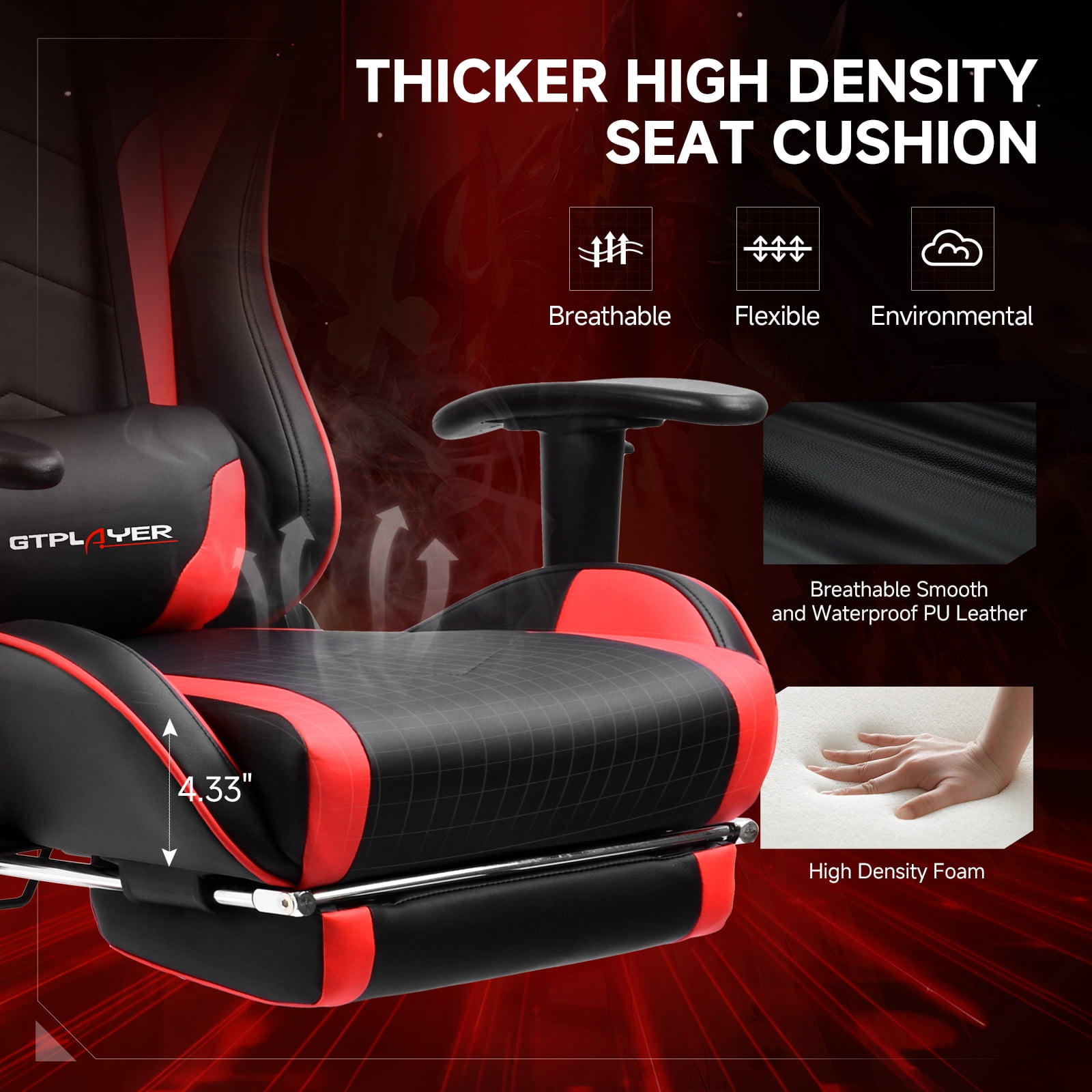 GTPLAYER Gaming Chair with Bluetooth Speakers Music Office Chair with Footrest PU Leather Recliner, Red