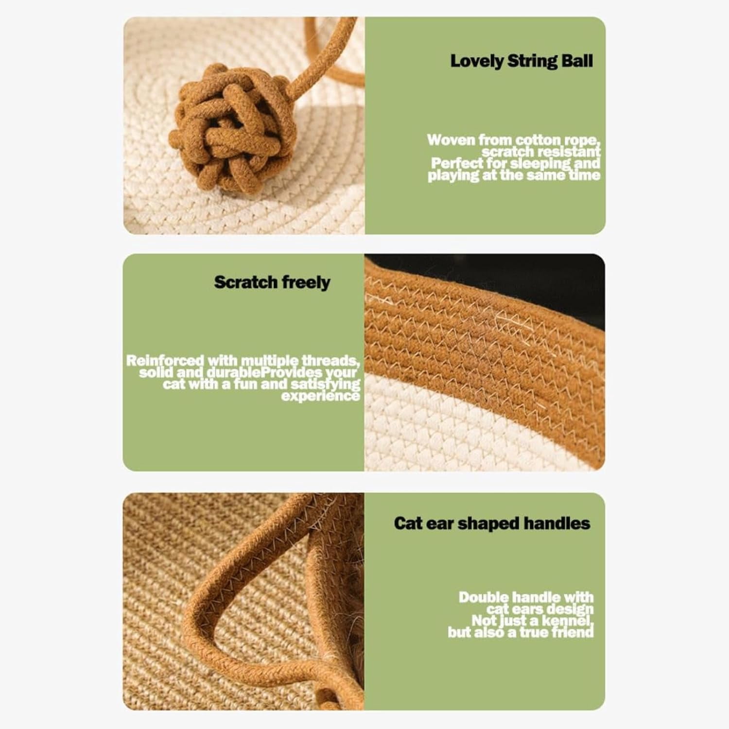 Cutypet Cat Basket,Handwoven Cotton Rope Woven Cat Bed Basket, Toy Tail For Small & Large Cat & Dogdouble Sided Mat For All Seasons