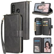 SZCINSENWalletCaseforHuaweiP30Lite,PremiumSoftPULeatherZipperFlipFolioWalletwithWristStrapCardSlotKickstandProtectiveCaseforHuaweiP30Lite(Color:Black)