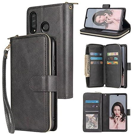 SZCINSENWalletCaseforHuaweiP30Lite,PremiumSoftPULeatherZipperFlipFolioWalletwithWristStrapCardSlotKickstandProtectiveCaseforHuaweiP30Lite(Color:Black)