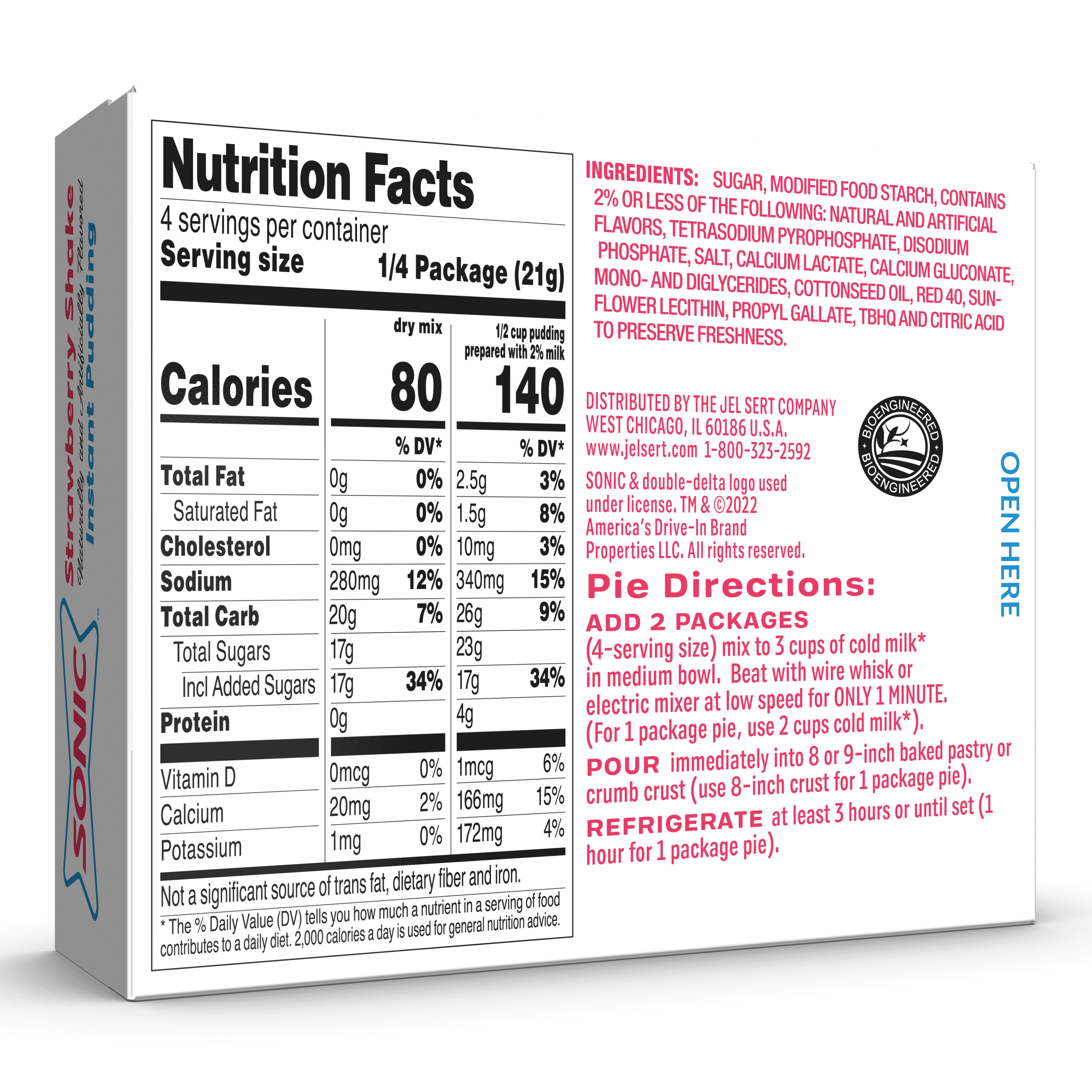 Sonic Strawberry Shake Instant Pudding Mix, 4 Servings, 3.03 oz Cardboard Box
