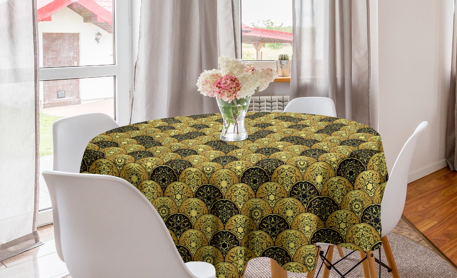 Mandala Round Tablecloth, Overlapping Round Shapes Scale Retro Revival