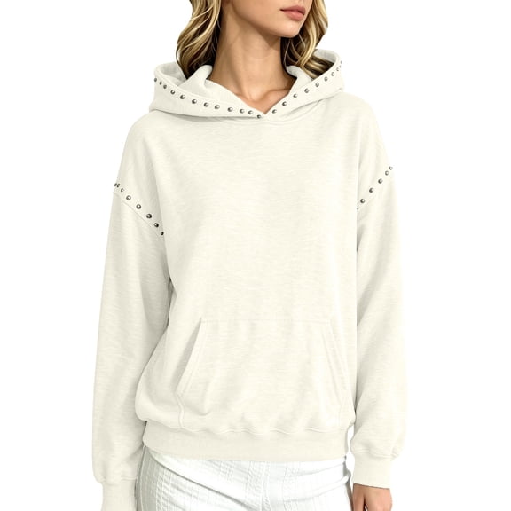 Women Studded Decor Pullover Hoodie, Long Sleeve Drop‑Shoulder Hooded Sweatshirt with Kangaroo Pocket, Casual Street‑Chic Loose Fit Outfits for Spring Streetwear Fall Daily Wear