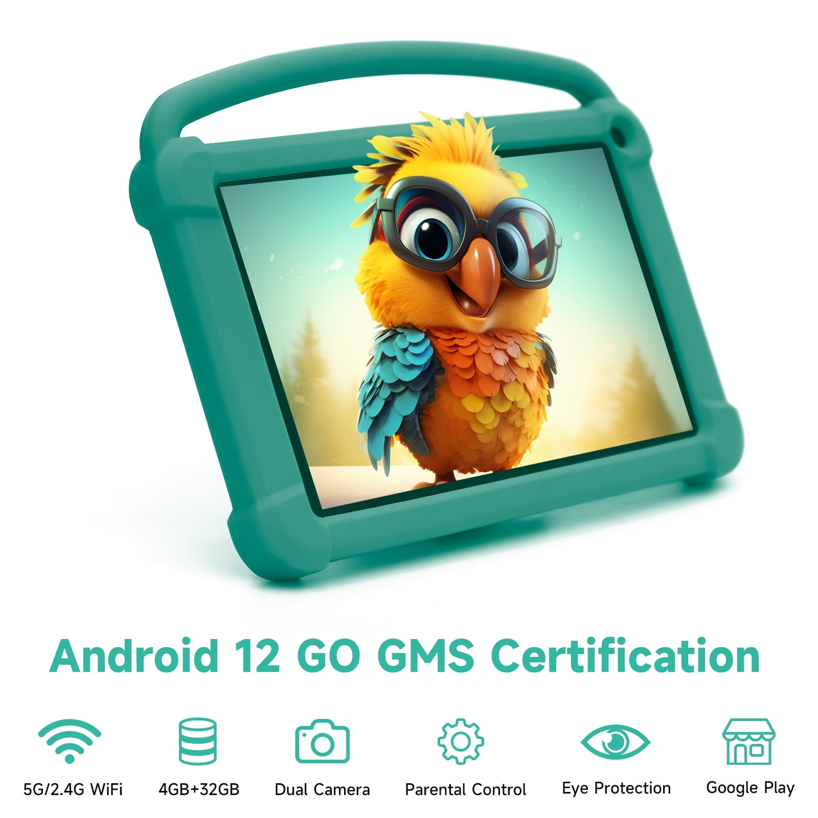7 inch Kids Tablet, Android 12 Tablet for Kids, 4GB RAM+32GB ROM+512GB Expand, Toddler Tablet with Shockproof Case, Parental Contral, 1024*600 IPS Screen, 3000mAh Battery, Educational, Games, Green