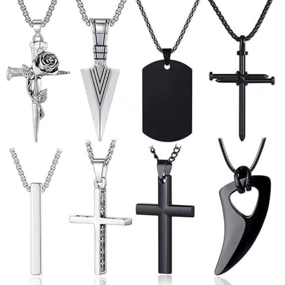 8 PACK Necklace for Men, Mens Necklaces Jewelry Set, Black and Silver Stainless Steel Necklace, Cross Pendant Necklace, 16-24 inches Chain