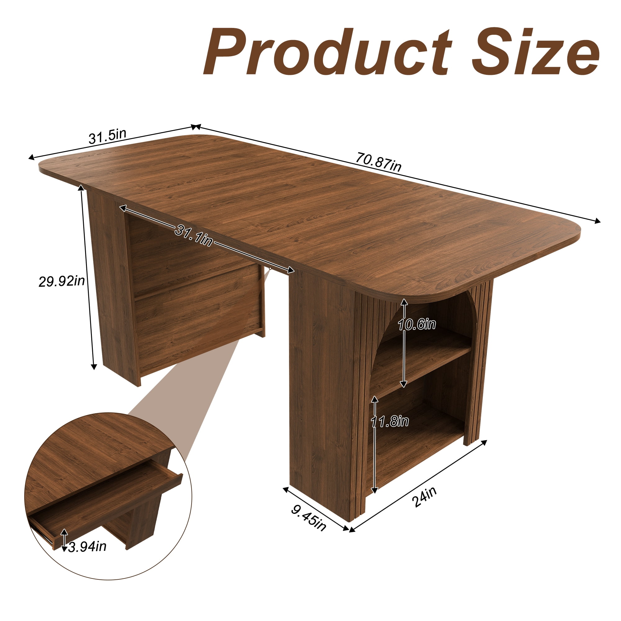 70.87in Dining Table with Drawers & Open Storage, for 4-6 People, MDF Walnut Finish, 3-Panel Wood Look Tabletop Modern Kitchen Table for Dining Room