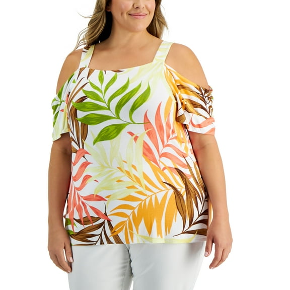 JM Collection Plus Size Fern Map Top Bright Tangelo Combo 4X
