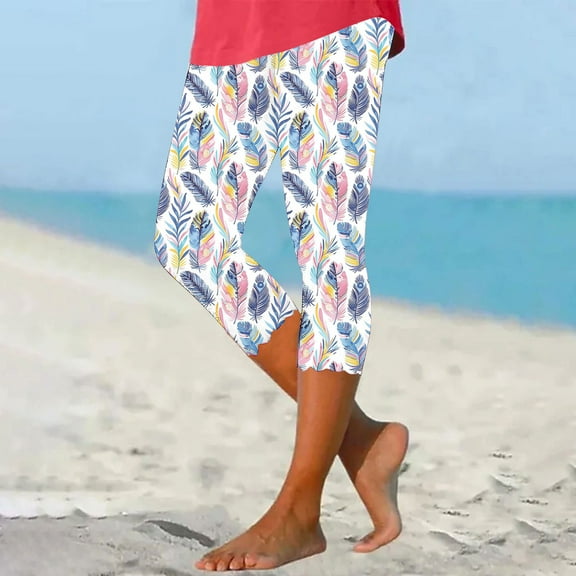 New Arrivals! Luxalzxs Womens Yoga Capris Fashion Feather Graphic Leggings Summer Beach High Waist Tummy Control Comfy Capris Pants