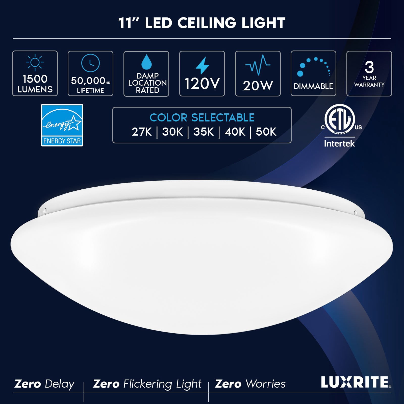 Luxrite 11 Inch LED Flush Mount Ceiling Light, 20W, 5 CCT Color Selectable, 1500 Lumens, Dimmable, Damp Rated, ETL Listed