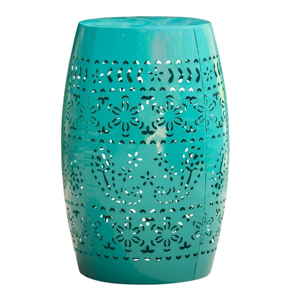 Riley Outdoor Modern 12" Floral Cut Metal Barrel Side Table, Teal