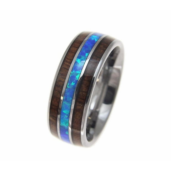 Genuine inlay Hawaiian koa wood synthetic opal wedding band ring tungsten comfort fit 8mm size 11