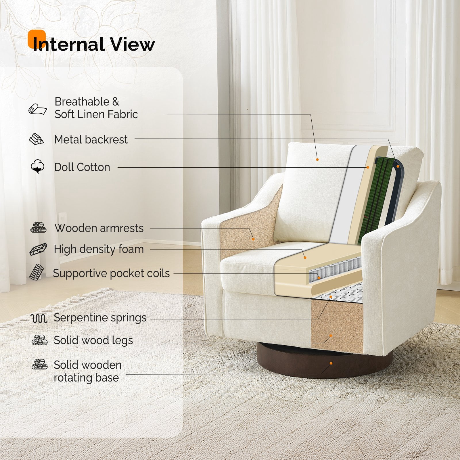 Ktaxon 360° Swivel Accent Chair Soft Chenille Fabric Arm Chair High Resilience Cushion Ideal for Living Room  Bedroom Furniture Off White