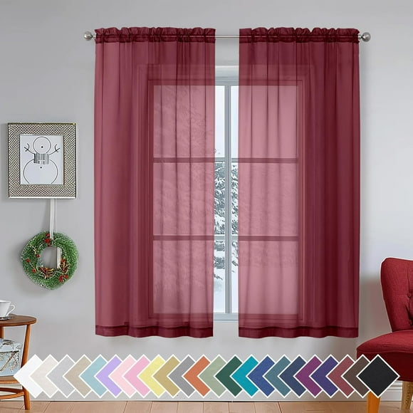 shiyou-Sheer Curtains Burgundy Red - Fabric Vertical Window Shades for Sliding Glass Door Balcony Terrace Sun Room Beach Pool House, 40 x 63 inches, 1 Pair