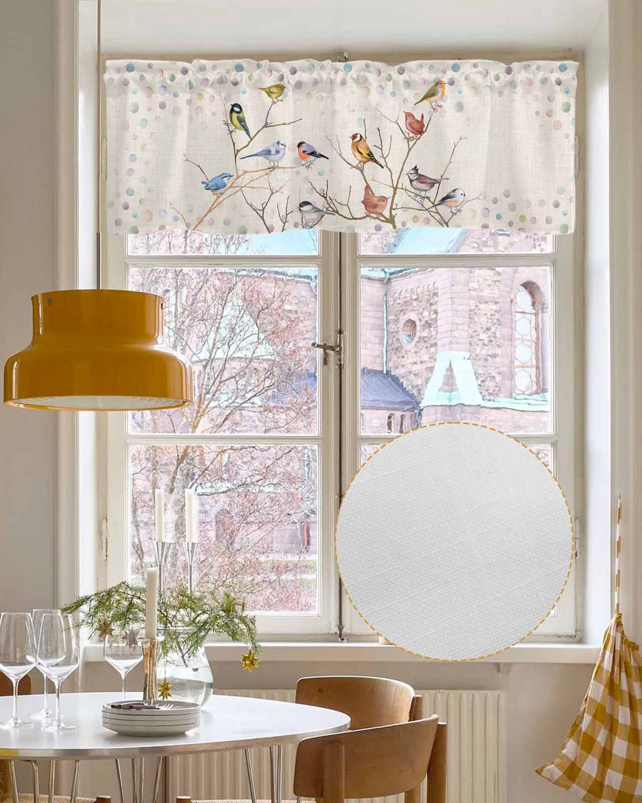 Birds Beige Linen Curtain Valance for Bedroom/Bathroom/Kitchen/Office/Living/Dining Room Window,Boho Vintage Tree Branch Bohemia Ombre Dots Pocket Topper Drapes Decorative Cafe Drapery Panel 42"x18"