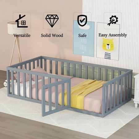Twin Size Wood Floor Bed with Door & Fence, Montessori Bed Frame with Full Length Safety Guardrails, Wood Twin Bed with Slats, No Box Spring Needed-Gray