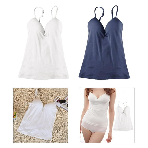 Paquete de 2 ropa interior con correa ajustable para niñas y mujeres, incorporado, camisetas sin mangas, camisola M Blanco Azul Macarena Sujetador integrado para mujer Cami