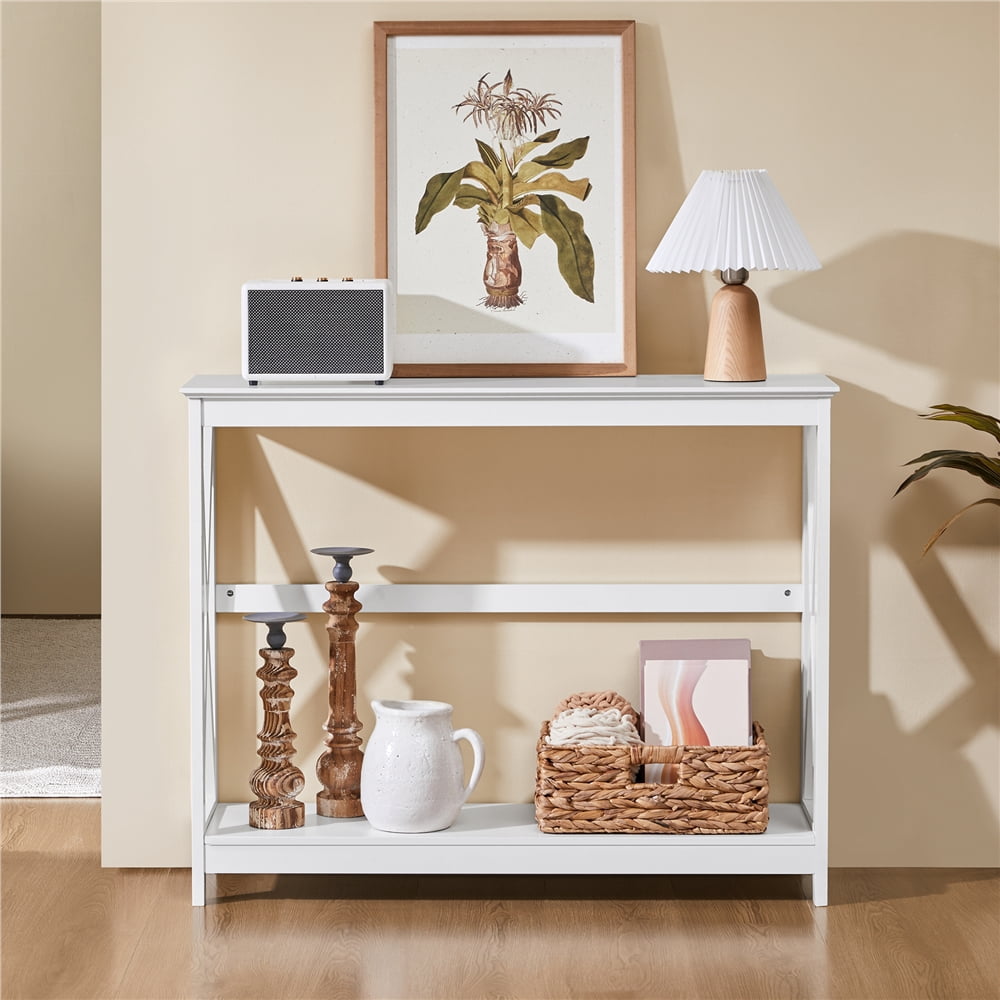 Yaheetech 2-Tier X-Design Console Table Sofa Side End Table for Entryway Living Room, White