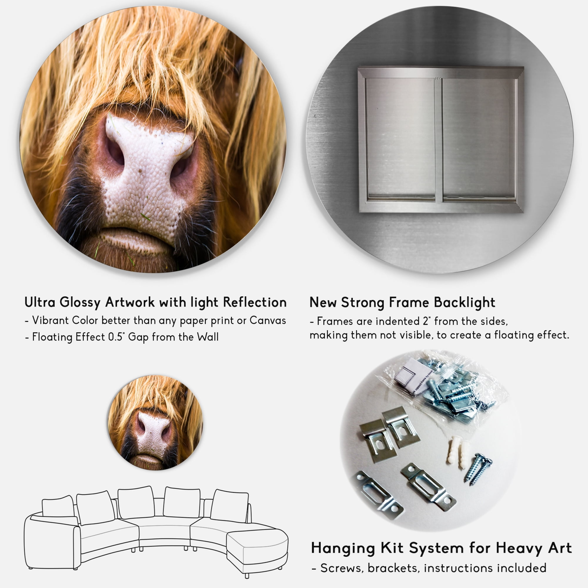 Designart 'Close-Up Highland Cattle' Farmhouse Circle Metal Wall Art 29x29 - Disc of 29