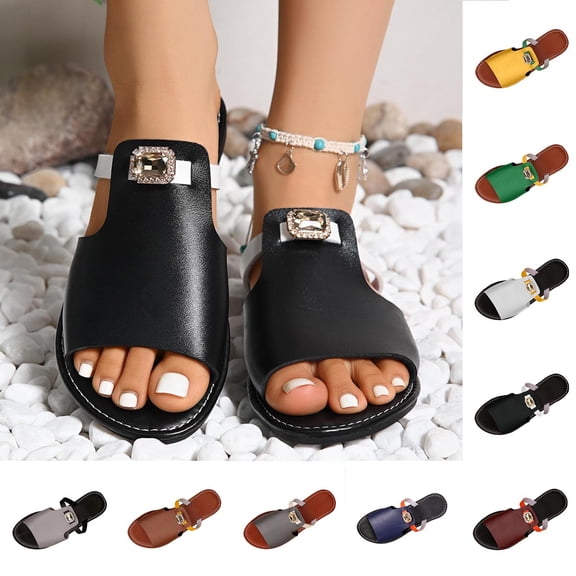 Miluxas Women's Glitter Flat Sandals Colorblock Dressy Comfortable Open Toe Slip On Summer Slides Shoes Yellow 9.5(43)