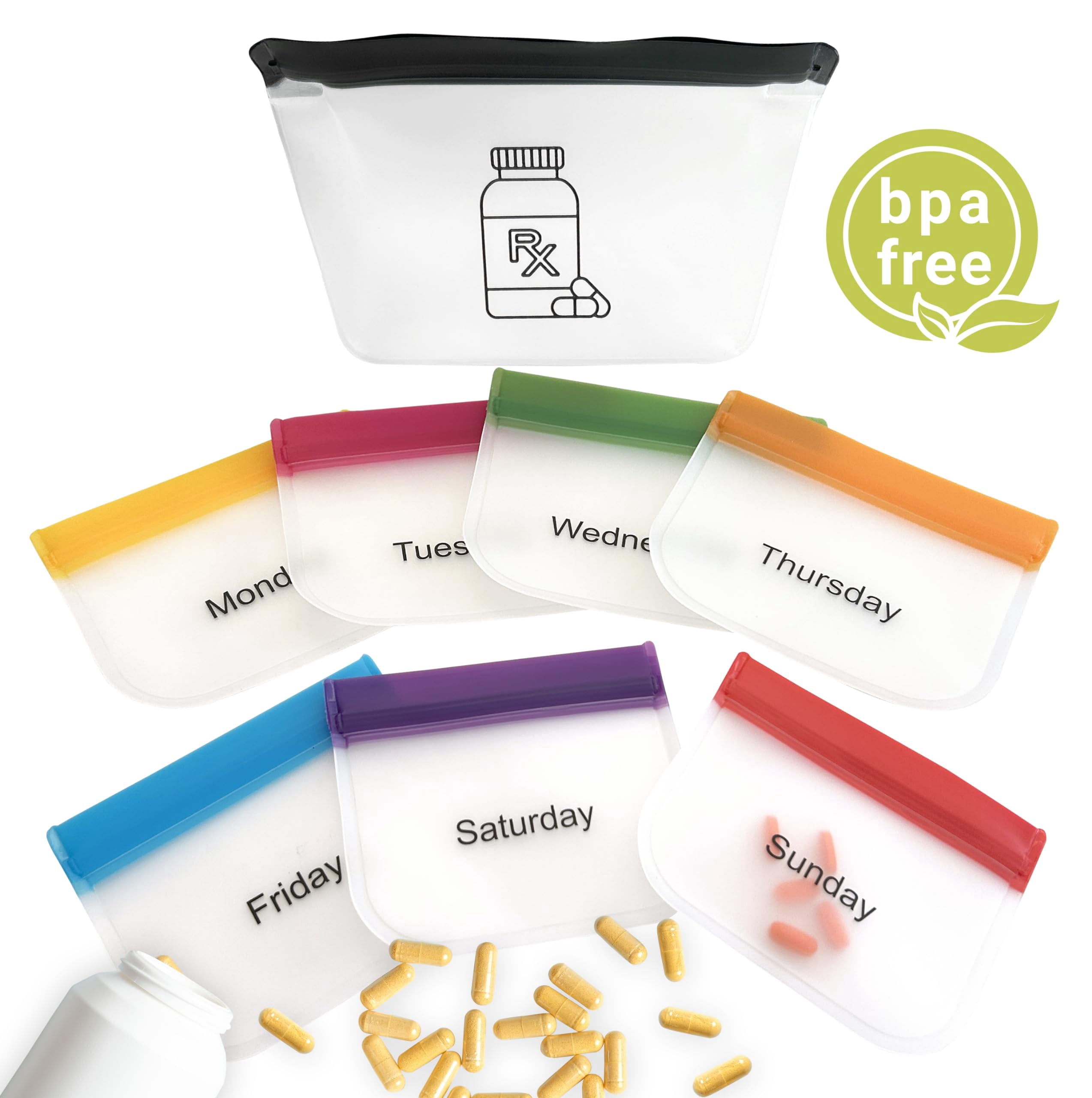 Reusapak 8 Piece Set Zippper Pill Pouch Organizers, Daily Purpose & Travel, Color-Coded Vitamin & Medicine Bags, Airtight Zip, Organize Small Items Bags
