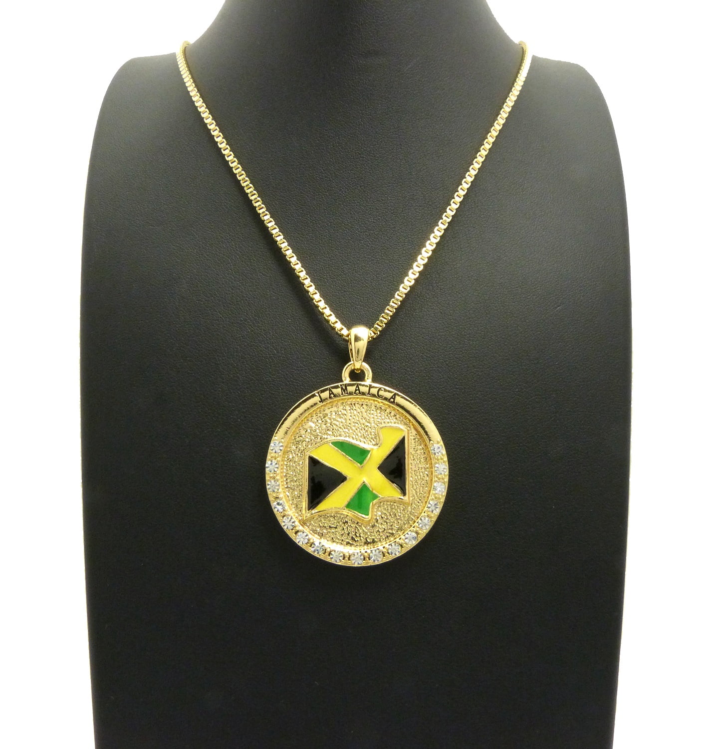 Stone Stud Jamaica Waving Flag Medal w/ 2mm 24" Box Chain Necklace