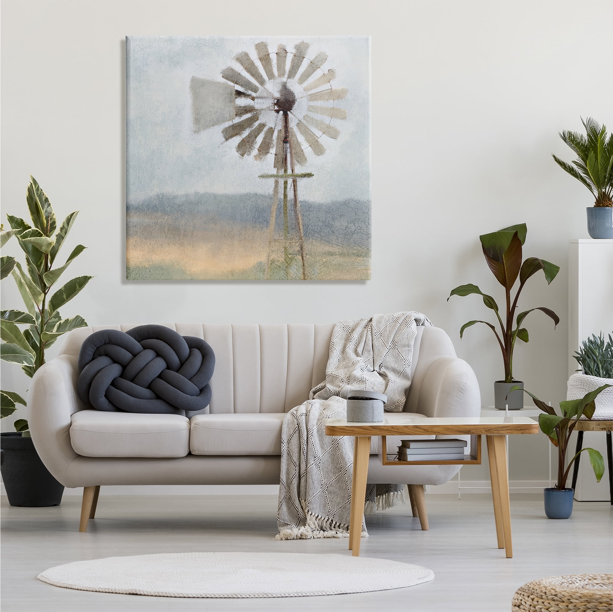 Stupell Industries Neutral Blue Windmill Breeze Farmyard Painting Landscape Painting Gallery Wrapped Canvas Art Print Wall Art, 36 x 36