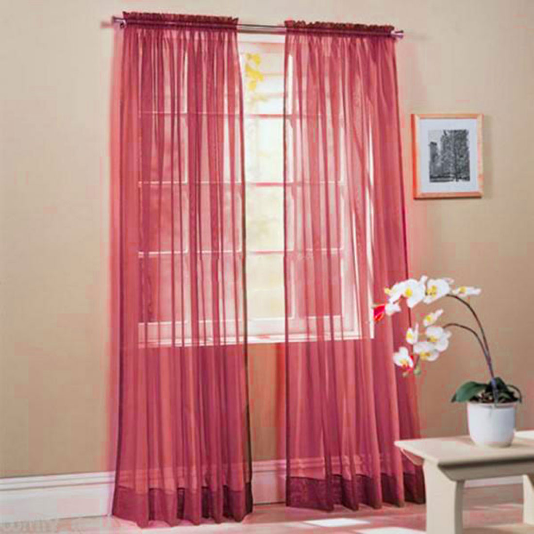 Home Wine Red Voile Sheer Curtain Panel Drapes For Window Door