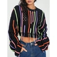 thumbnail image 4 of Sedceaty Women's Autumn Short Sweater, Colorful Stripe Long Sleeve Round Neck Loose Knit Pullover with Tassel Decoration, 4 of 8