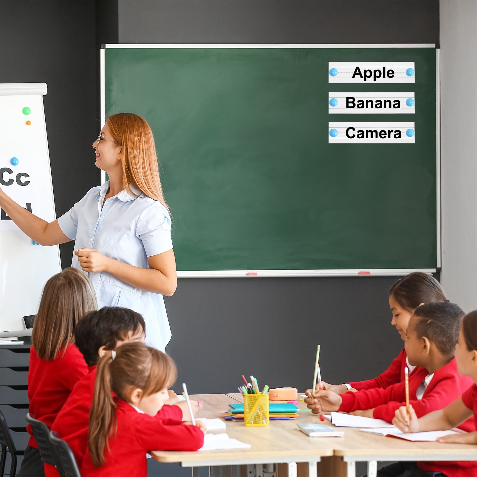 Uxcell 75 Sheets Ruled Sentence Strips, 3" x 24" Cardstock 250GSM Writing Paper Blue Red Lined for Classrooms, White