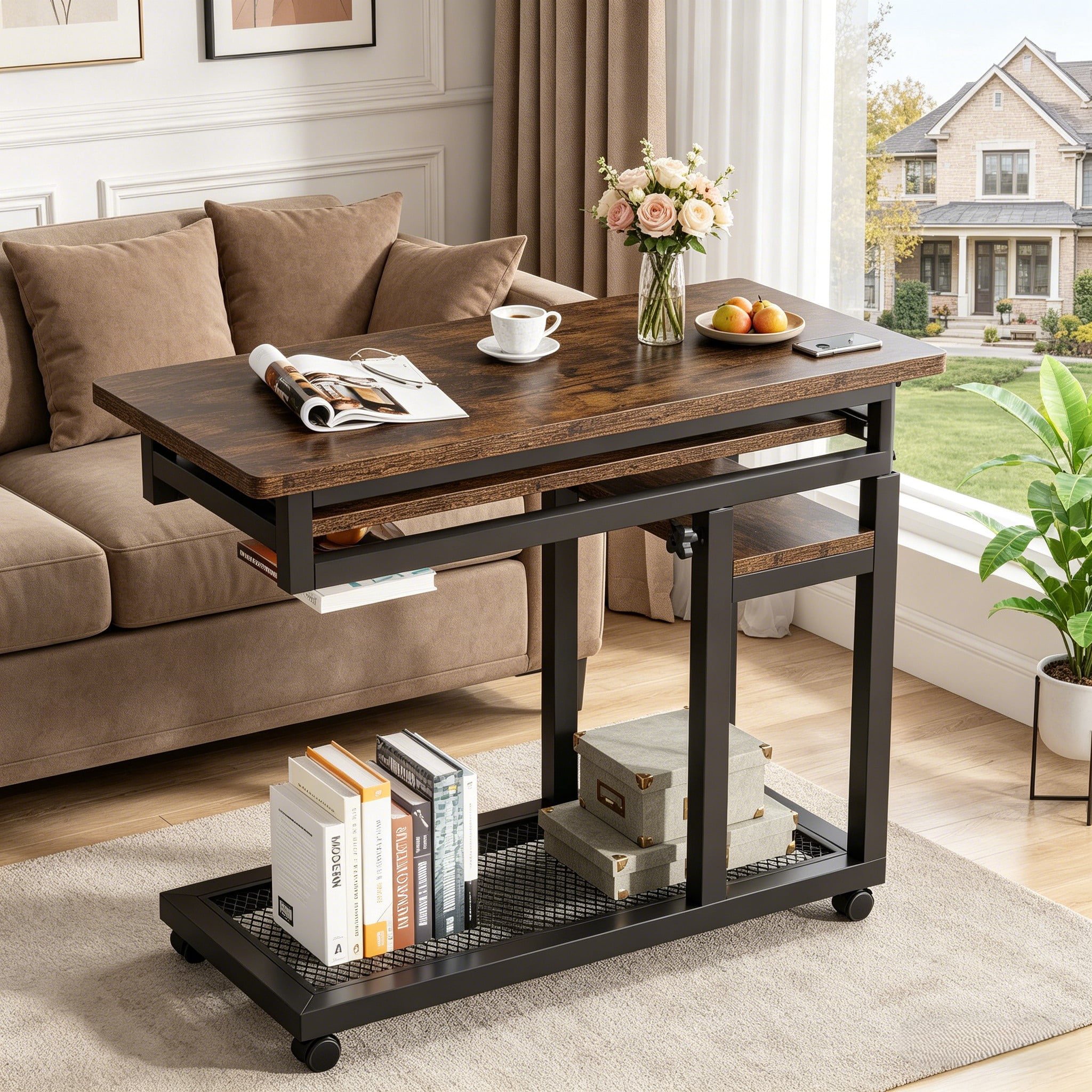 Fnova Small Portable Desk with Charging Station, Height Adjustable Mobile Desk with 4 Wheels, USB Ports & Power Outlet, Rolling Computer Cart, C Side Table for Sofa Couch Bedside, Brown