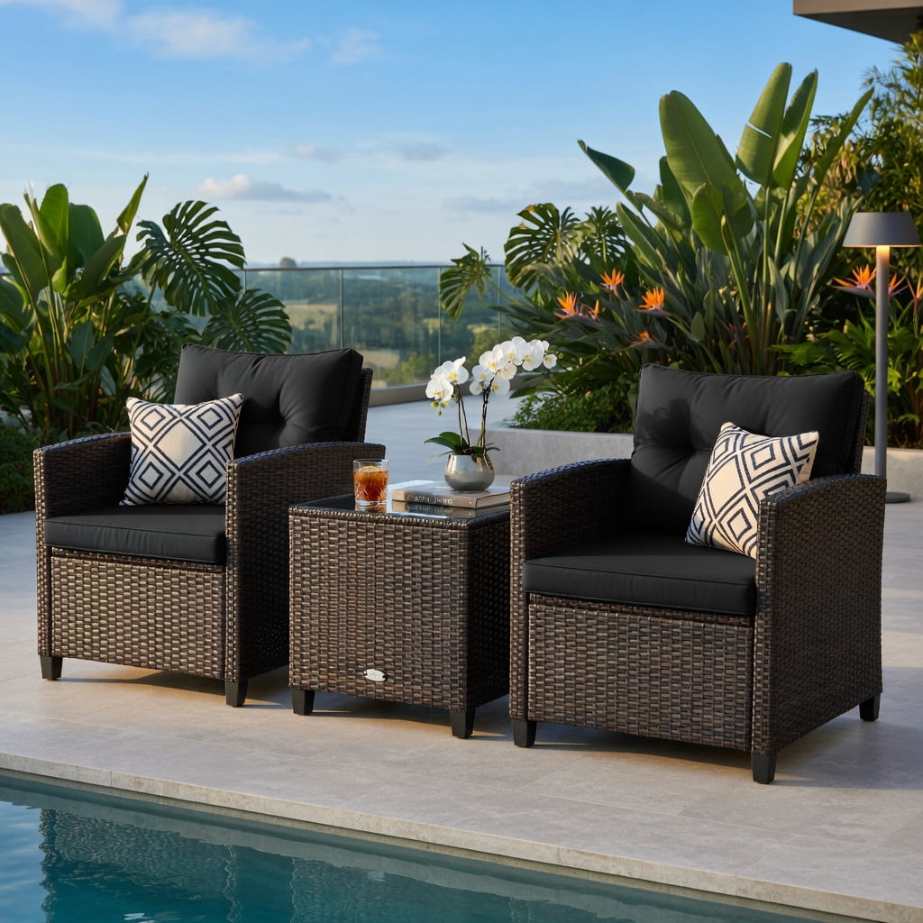 Hommoo 3-Piece Outdoor Rattan Patio Furniture Set with Cushioned Chairs & Tempered Glass Coffee Table, Black