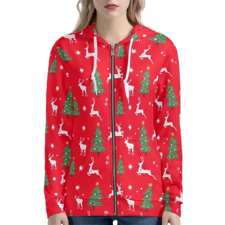 Renewold Christmas Theme Full Zip Sweatshirt Jacket Hoodies with Kangaroo Pocket Xmas Trees Reindeer Y2K Streetwear Women Walking Sport Outfits Size M